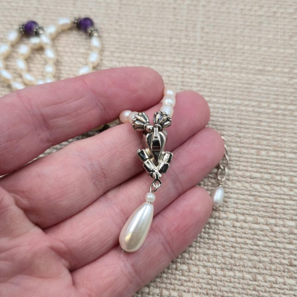 16.5 + 3 Inch Sterling Silver Pearls And Amethyst Stones Necklace B1006 - Picture 5 of 7